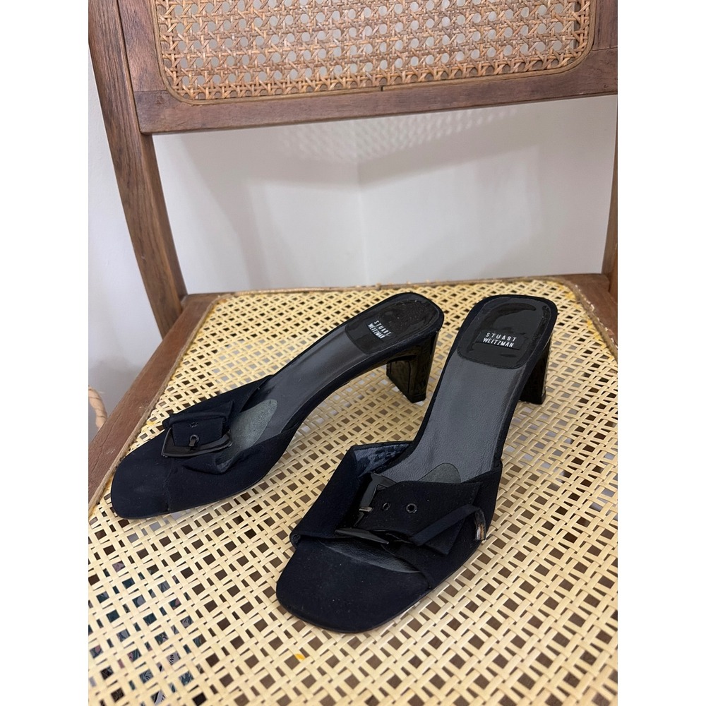 Stuart Weitzman Black Suede Buckle Mule Block Heel Sandals Square Toe